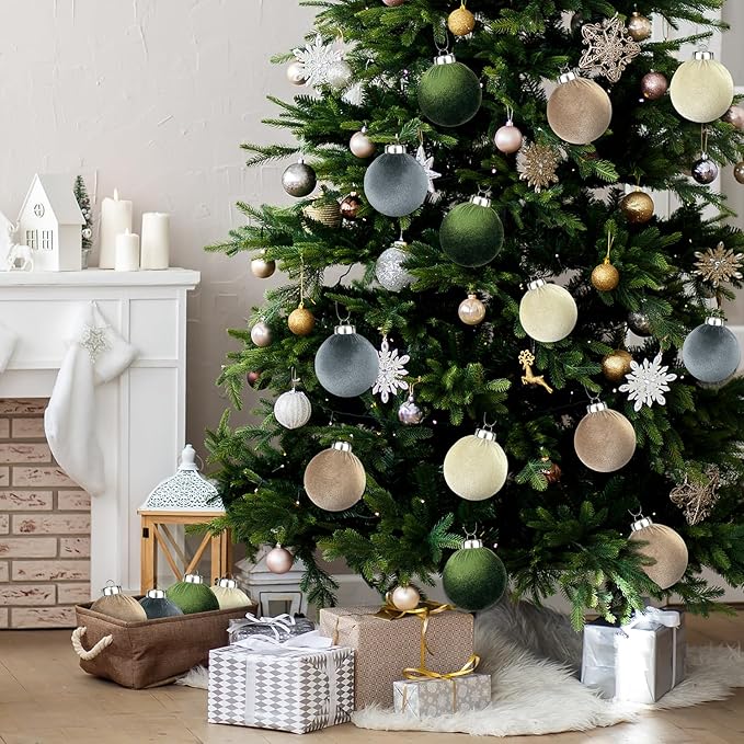 3.15 Inch Velvet Ball Ornaments for Christmas Tree 15 PCS, Large Neutral Flocked Christmas Bulb Ornaments Set - Earth Tone Decorative Hanging Baubles, Shatterproof Xmas Decor for Holiday (Multicolor)