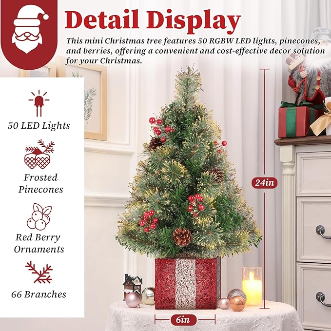 Mini Christmas Tree with Lights, 2 Foot Tabletop Christmas Trees with Gift Box Base&Ornaments, Easy Setup Artificial Xmas Trees, Twinkling Tiny Christmas Tree Battery Powered for Bedroom