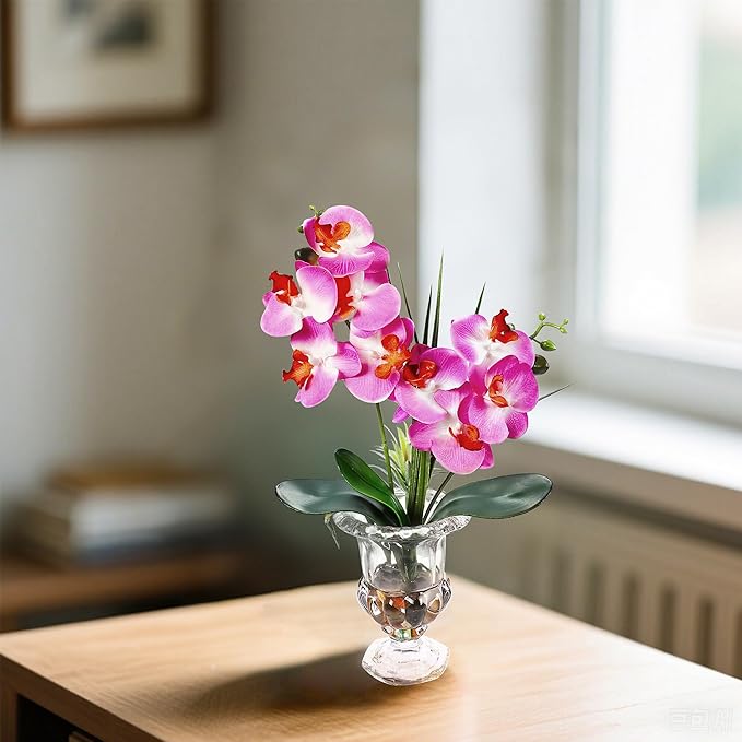 Jusdreen Artificial Purple Orchid Centerpiece, 14.5 Inch Phalaenopsis in Glass Vase with Potting for Home Office Table Decor, Realistic Orchid Arrangement