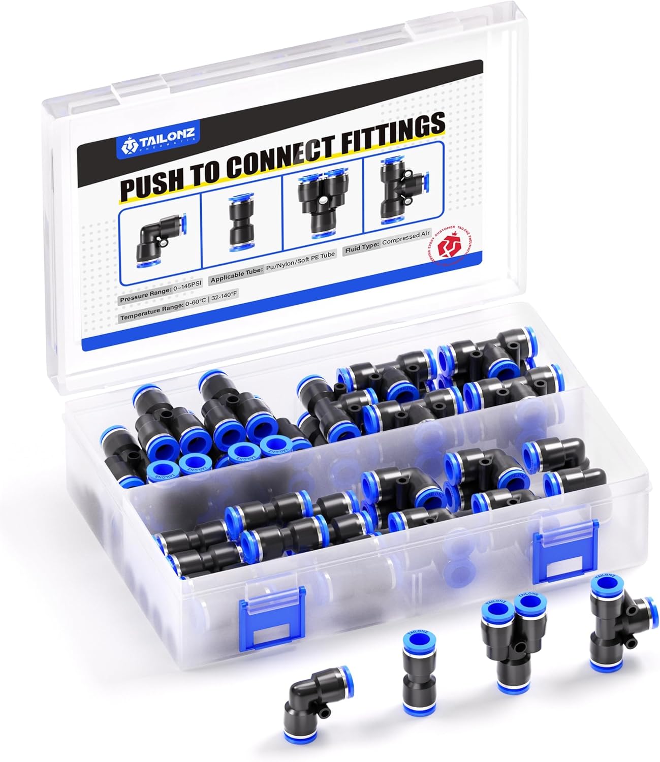 TAILONZ PNEUMATIC 5/32 inch or 4mm od Push to Connect Fittings Pneumatic Fittings Kit 10 Spliters+10 Elbows+10 tee+10 Straight (40 pcs)