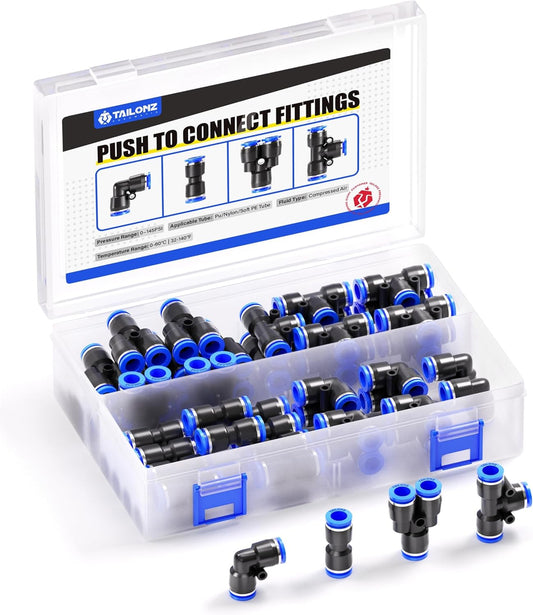 TAILONZ PNEUMATIC 5/32 inch or 4mm od Push to Connect Fittings Pneumatic Fittings Kit 10 Spliters+10 Elbows+10 tee+10 Straight (40 pcs)
