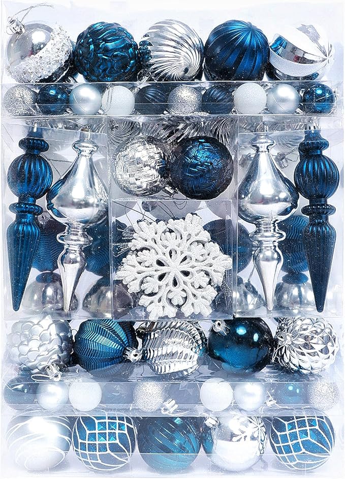 Christmas Tree Ornaments Decorations Set-116ct 1.18-6.5 Inch Assorted Silver Blue Shatterproof Decorative Hanging Christmas Ball Ornaments Bulk,Xmas Tree Tabletop Decorations for Holiday Decor