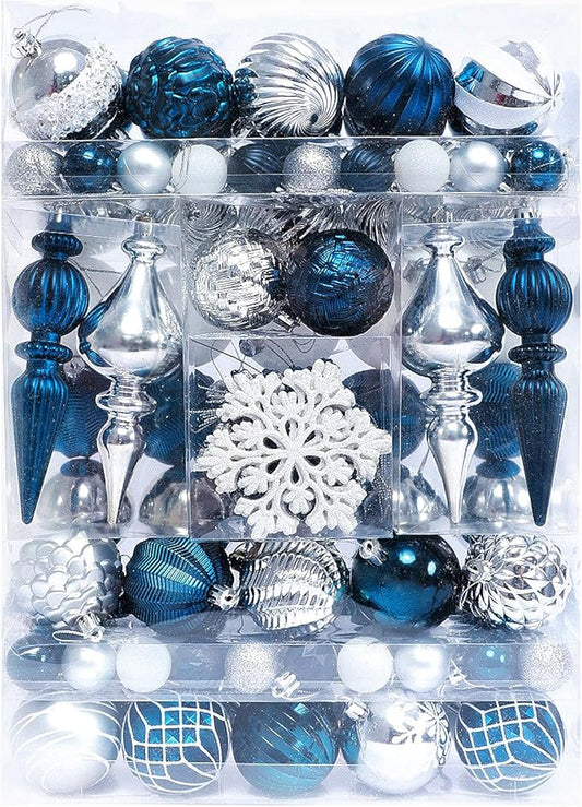 Christmas Tree Ornaments Decorations Set-116ct 1.18-6.5 Inch Assorted Silver Blue Shatterproof Decorative Hanging Christmas Ball Ornaments Bulk,Xmas Tree Tabletop Decorations for Holiday Decor