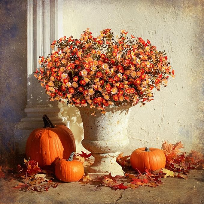 Artificial Daisy Flowers for Outdoor 16 Bundles Faux Daisy Flower UV Resistant No Fade Floral for Home Indoor Outside Garden Porch Window Box Balcony Yard Porch Fall Decor (Orange)