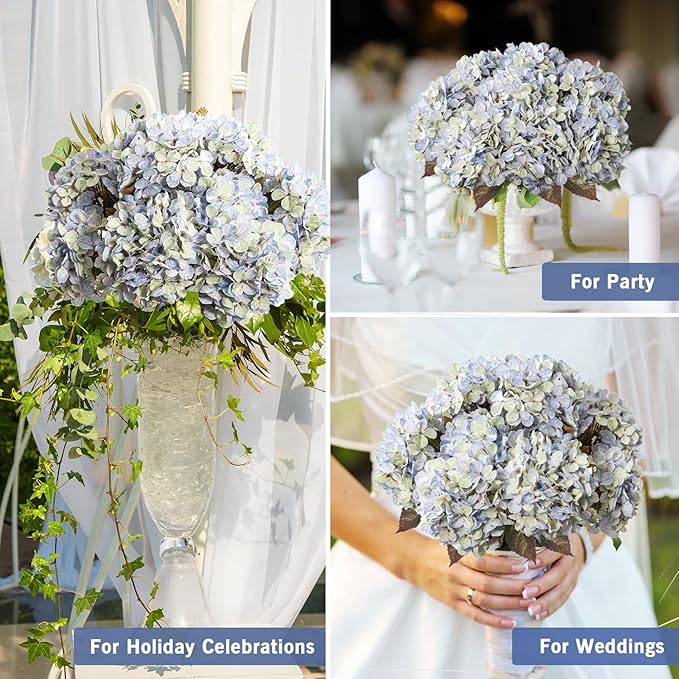 Artificial Flower Fake Silk Hydrangea Heads Bouquet with Stems Bulk for Fall Decoration Table Center Christmas Indoor Outdoor Faux Floral Realistic with Leaves Plants Crafts 8PCS(Blue)