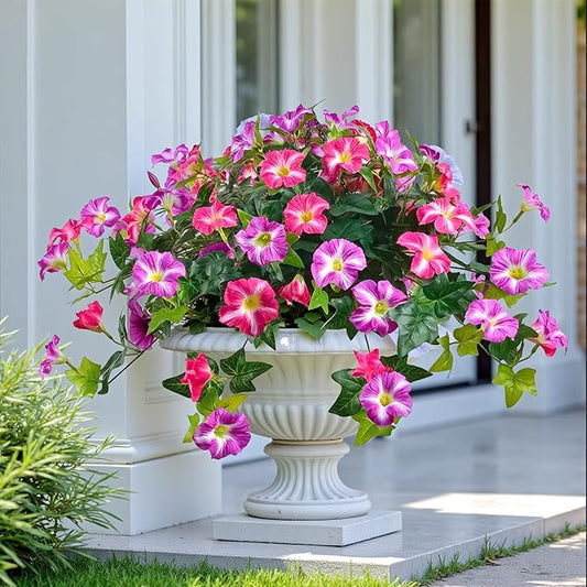 Artificial Flowers for Outdoors 2 Pack UV Resistant Petunias with Real Touch Plastic Leaves, Faux Flowers for Outdoor Planters, Silk Flowers for Outside Garden Porch Window Patio Home Decor, Fuchsia