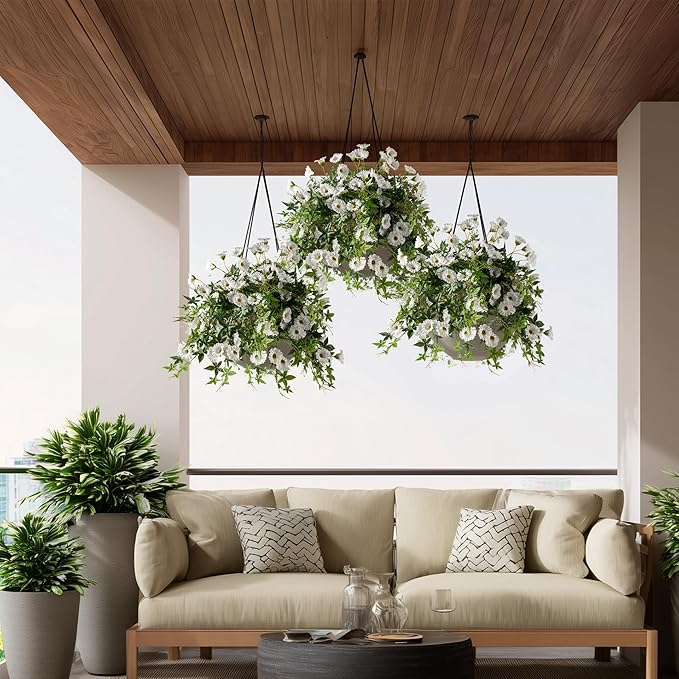 Artificial Flowers Artificial Petunias for Outdoors Artificial Hanging Plants Outdoors Silk Flowers with Stems Outdoor Flowers Uv Resistant for Porch Decor Terrace Decor（White） with Pot 2PCS
