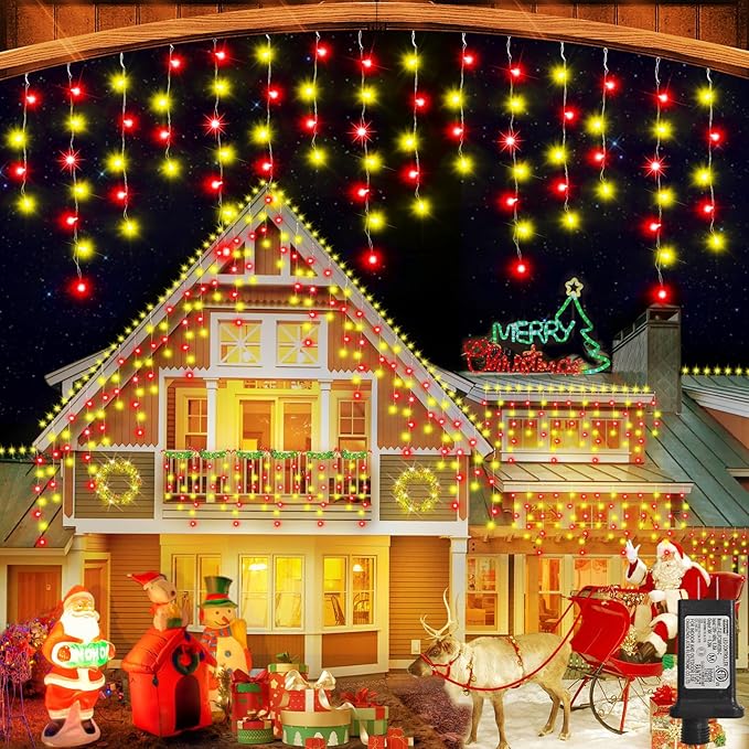 49ft 480LED Outdoor Waterproof String Lights with 8 Modes Timer - Curtain Lights for Outdoor House, Wedding, Holiday & Christmas Decorations - Red & Warm White