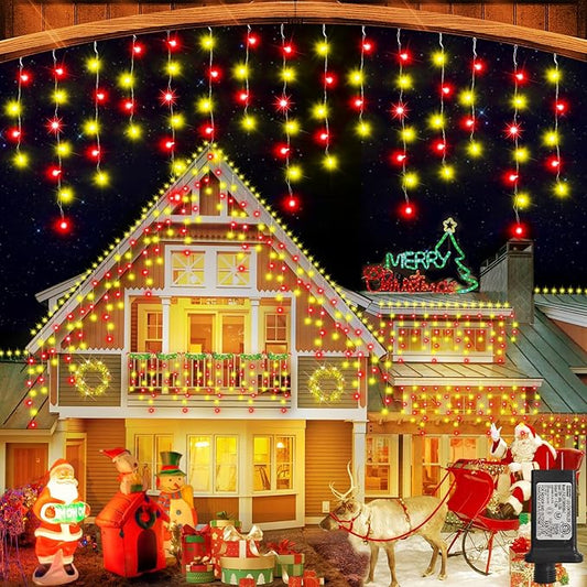 49ft 480LED Outdoor Waterproof String Lights with 8 Modes Timer - Curtain Lights for Outdoor House, Wedding, Holiday & Christmas Decorations - Red & Warm White