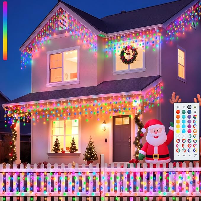 Pooqla Color Changing Icicle Lights with Remote, 34 Colors Christmas Outdoor Decoration, 165 LED 26.2 FT RGB Waterproof Hanging String Lights for Roof Window Home Party Thanksgiving Christmas Decor