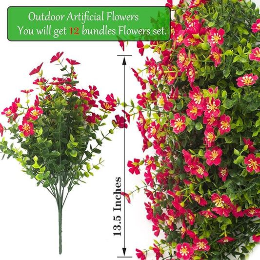 Outdoor Artificial Flowers UV Resistant & Fade Proof, 12 Pack Realistic Fake Flowers for Garden, Patio, Lawn Decor - Weatherproof Plastic Plants (Rose Red)