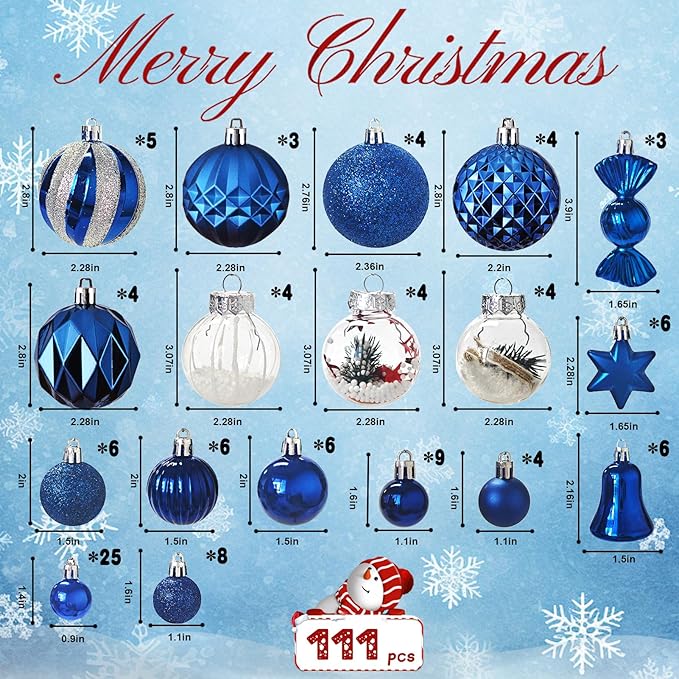 ILLUMINEW 111-Pack Christmas Balls Ornaments,Assorted Shatterproof Christmas Ornaments Set, Luxurious Hanging Pendants Package for Christmas Tree Party Holiday Indoor Decor (111Pcs-Blue)