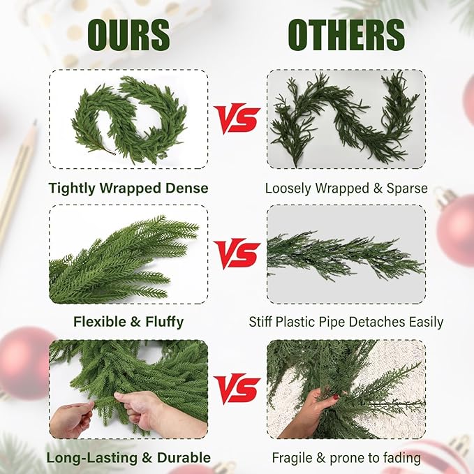2Pcs 6FT Christmas Garland Real Touch Norfolk Pine Garlands, Artificial Faux Greenery Garland for Decorations Indoor, Pine Garland for Mantle, Fireplace, Wall, Mantle, Holiday Decor