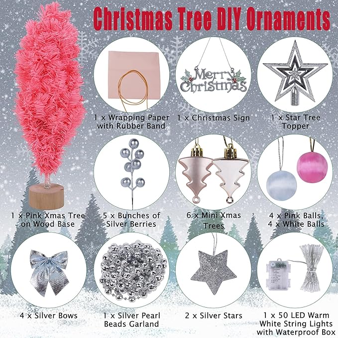 Juegoal Pink Mini Christmas Tree, 24 Inch/2 FT Lighted Tabletop Artificial Xmas Pine Tree, Small Spruce Tree Light Up Battery Operated & Timer with 50 LED Lights, for Holiday Winter Home Party Decor