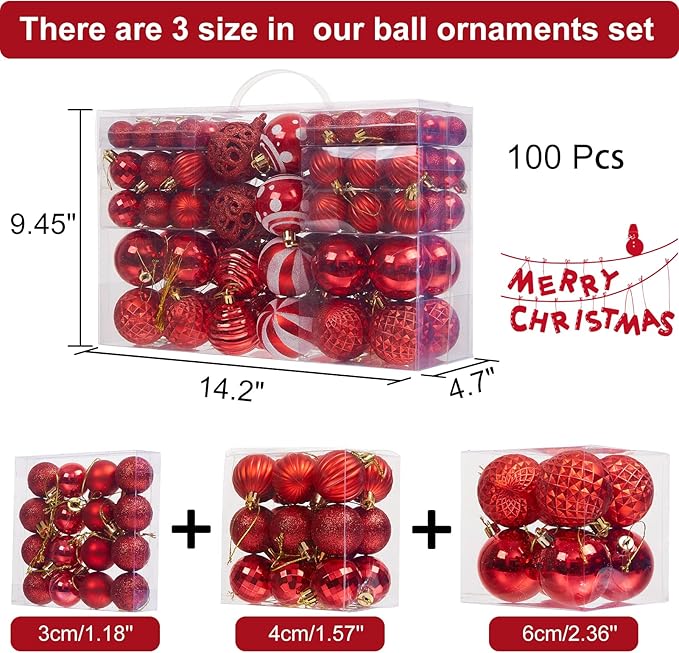 100PCS Christmas Ball Ornaments, Assorted Shatterproof Christmas Tree Decorations, Seasonal Decorative Hanging Baubles Decor Set for Xmas/Holiday/Party, Glitter&Painting Ornament Set (Red)