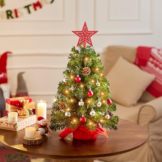 Joiedomi 24 Inch/2FT Tabletop Mini Christmas Prelit Decoration, Artificial Mini Xmas Pine Tree with Prelit LED String Lights and Ornaments Decor, Christmas New Year Decoration Tree Decor