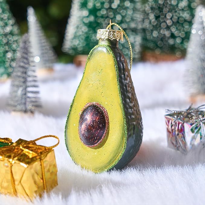 Joiedomi Christmas Avocado Glass Ornament, Glass Blown Food Ornament Presents for Christmas Tree Decoration, Xmas Food Decoration for Xmas Gift Party Favor