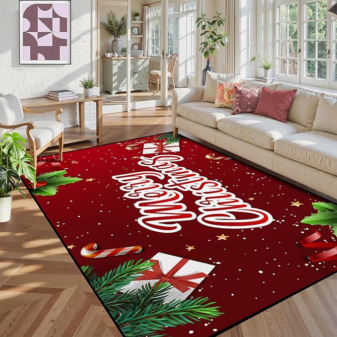 5' X 7' Christmas Rug Merry Xmas Door Mat Non-Slip Indoor Outdoor Front Door Doormat Living Room Bedroom Entrance Rug Happy Xmas Home Festive Decoration