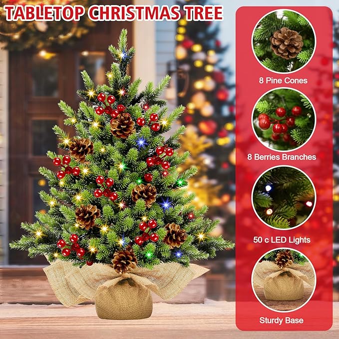 [ 12 Modes & Timer] Christmas Artificial Tree LED Warm Lights Battery Operated Red Berries Pine Cone Burlap Base Indoor Home Christmas Decorations
