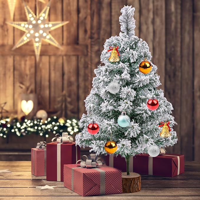 2Ft Artificial Christmas Tree Green Tabletop Christmas Tree with Snow Flocked Mini Xmas Pine Tree with Wooden Stand for Indoor Outdoor Holiday Home Decoration