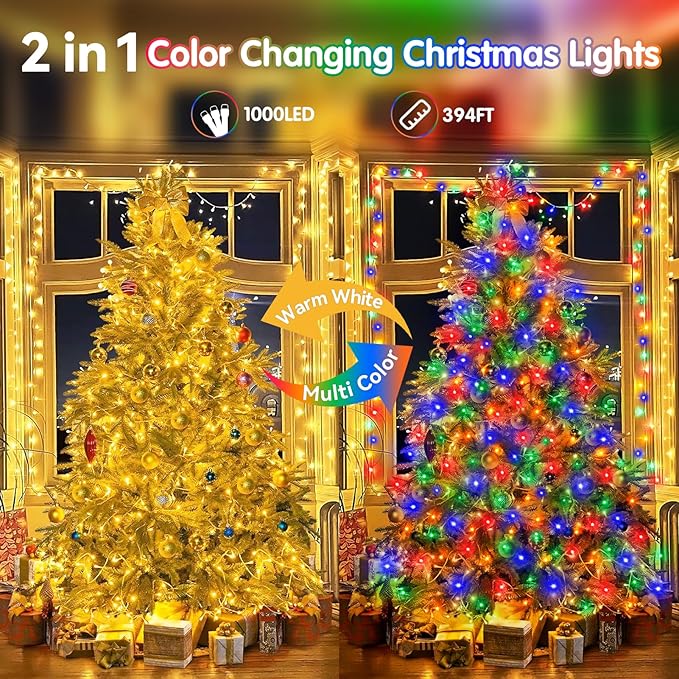 Heceltt 403FT 1000 LED Christmas Lights Outdoor, Color Changing String Lights with 11 Modes and Timer Memory Function for Xmas Tree Wedding Party Holiday Decor (Warm White to Multicolor)