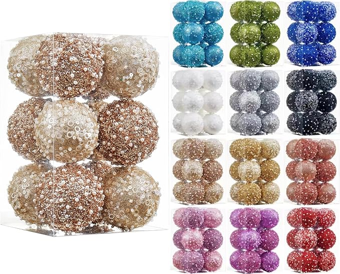 12CT Christmas Ball Ornaments, Champagne Christmas Ball Decorations Shatterproof Plastic Hanging Pearl Balls for Holiday Party(70mm/2.76")