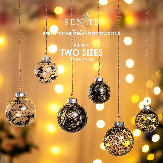 Christmas Ornaments Ball Set-Shatterproof Clear Plastic Decorative Baubles for Xmas Tree House Holiday Wedding Party Decoration,20pcs Black