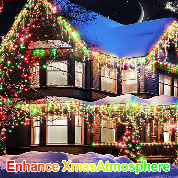 131 FT 1280 LED Christmas Lights Outdoor Decorations Super Long Clear Wire String Lights Plug in 240 Drops 8 Modes Memory Timer Curtain Fairy Lights Waterproof for Holiday Wedding Party-Red and Green