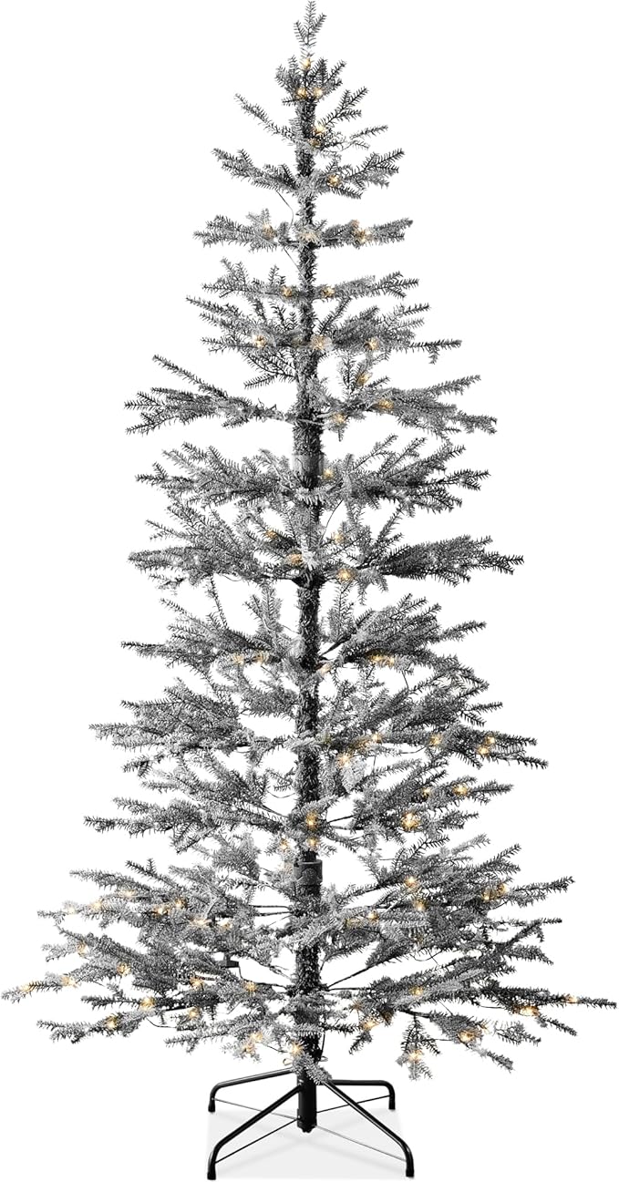 Best Choice Products Pre-Lit Sparse Christmas Tree 6ft Artificial Flocked Pine Holiday Décor Aspen Noble Fir White & Multicolor LED Lights- Black
