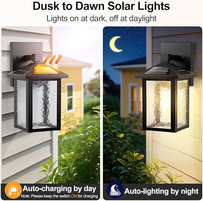 BesLowe Solar Wall Lights Outdoor, Aluminum Dusk to Dawn LED Porch Light, 3000K/5000K Adjustable, Wireless Exterior Lighting Fixtures Solar Wall Lantern Sconce Light for Outside Garage, 2-Pack