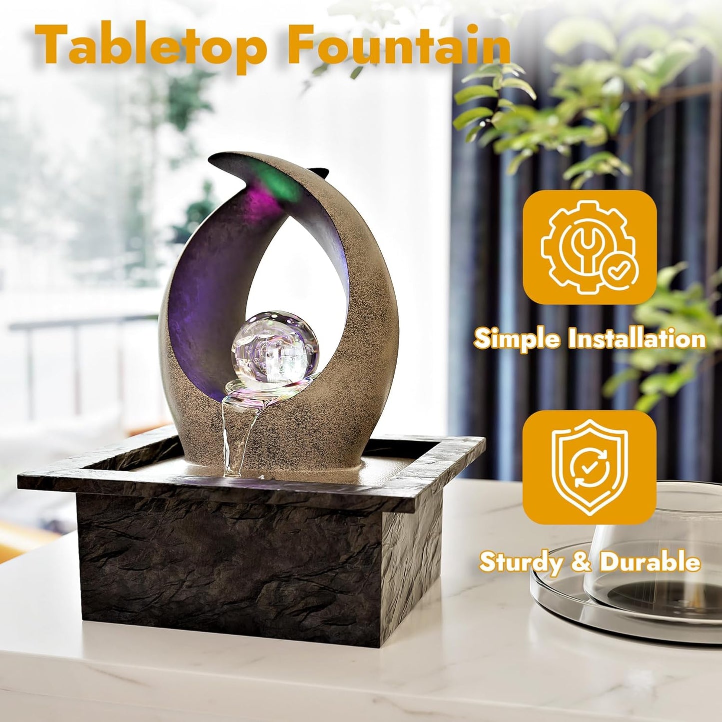 Tabletop Water Fountain, Indoor Desk Waterfall, Meditation Fountain with LED Lights Rolling Ball & Curved Form, Home Office Decor