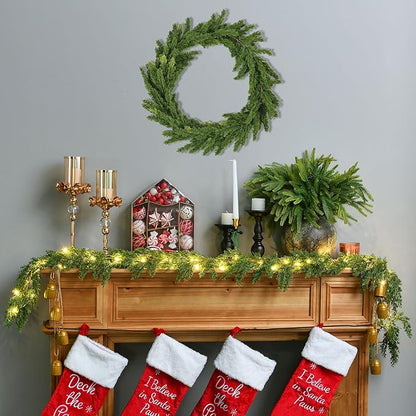 2PCS 6.2FT Christmas Garland with Lights, Real Touch Cedar Garland Thick and Lush Greenery with Soft Artificial Pine Branches for Mantle Fireplace Table Wall Outdoor Indoor Christmas Decorations