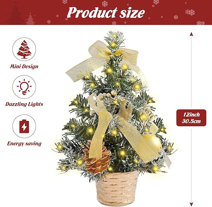 FR 12 Inch Tabletop Christmas Tree,Wintry Pine,Decorated with Pine Cones Berry Clusters,with LED Lights,for Desktop Centrepiece,Mantelpiece,Indoor DIY Christmas Decoration/Gold