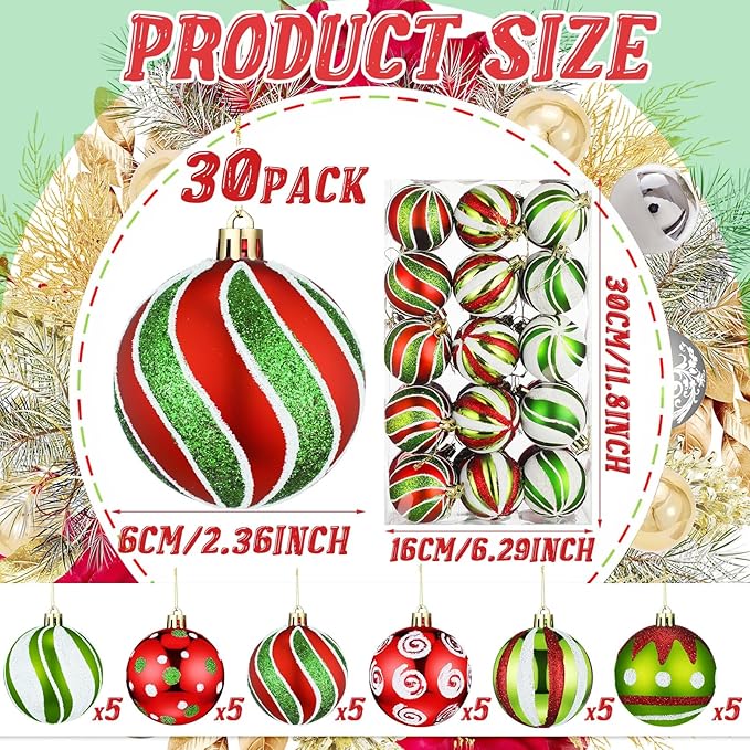 Leyndo 30 Pcs Christmas Ball Ornaments 2.4 Inch Lime Green Red White Whimsical Christmas Tree Decorations Glitter Elf Polka Dot Stripes Swirl Peppermint Candy Cane Xmas Bulbs for Tree(Stylish Style)