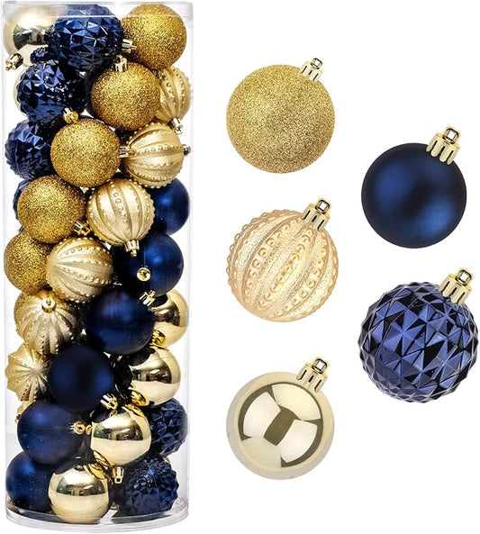 45Pcs 6cm/2.36inch Christmas Balls Glitter Ornaments Set, Shatterproof Plastic Xmas Tree Hanging Ornament, Christmas Decorations Balls for Holiday Festival Wedding House Bar Party(Navy/Gold)