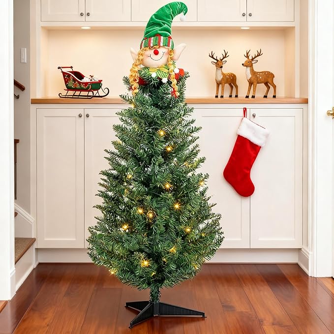 3FT Green Christmas Tree with Santa Claus Decoration, Pre-Lit Artificial Mini Christmas Tree with 30 Warm White Lights, Skinny Xmas Tree Include 129 Branches, Metal Stand, for Indoor Outdoor Decor