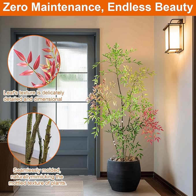 6ft Faux Bamboo Tree Artificial Nandina Tree Artificial Indoor Plants Realistic Fake Potted Tree with 800+ Leaves, Cement Planter - Home Office Decor Perfect for Housewarming Gift Non-Toxic