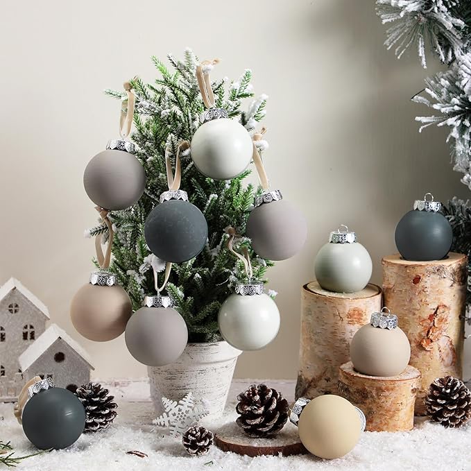 24 Pcs Neutral Matte Christmas Ball Ornaments 2.4 Inch Rustic Boho Gray Charcoal Beige White Xmas Bulbs Ornament Vintage Xmas Baubles Modern Christmas Decor for Tree Farmhouse Decor