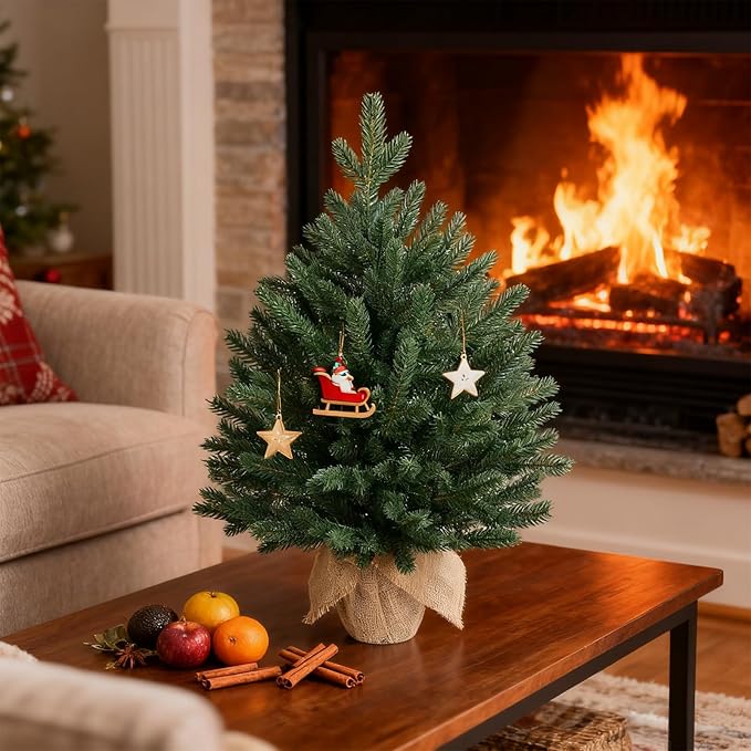 ELYKEN 22'' Mini Christmas Tree with LED Lights, Small Tabletop Artificial Christmas Xmas Holiday Party Decorations for Desk, Indoor Decor