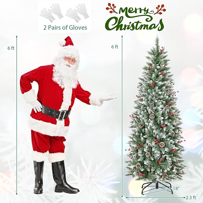 GOFLAME 6FT Pre-Lit Pencil Christmas Tree, Artificial Xmas Tree with 618 Branch Tips, 33 Pine Cones, 32 Clusters of Red Berries & 280 Warm White LED Lights, Holiday Decoration Tree for Home Party