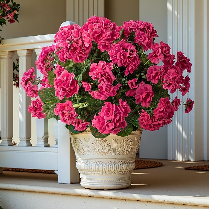 Artificial Geranium Flowers for Outdoors Geraniums Artificial Flowers Realistic Faux Geraniums for Outdoor Planters Silk Geranium Outdoor Fake Flowers Porch Home Kitchen Garden Decor(4PCS，Rose Red)