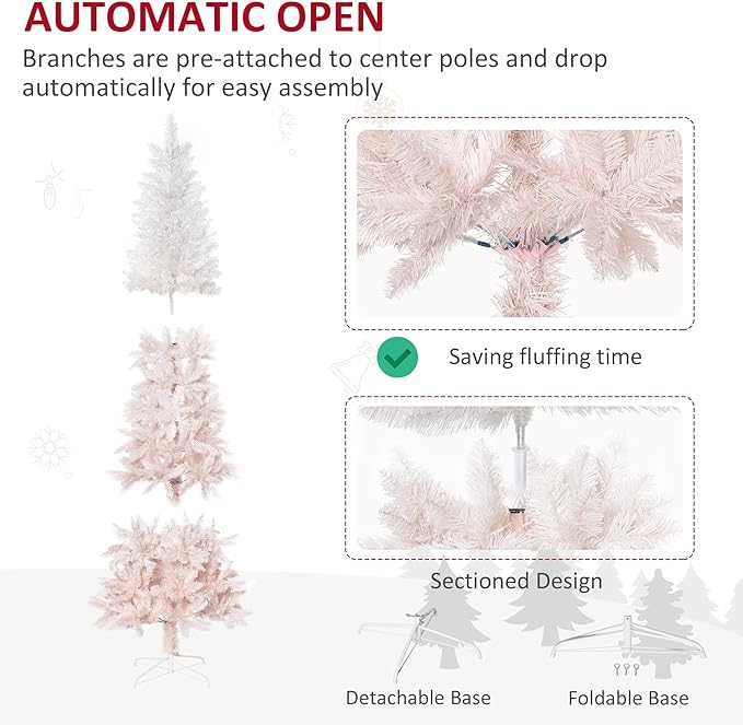 HOMCOM 7' Tall Unlit Pencil Fir Artificial Christmas Tree with Realistic Branches and Steel Base, Pink and White