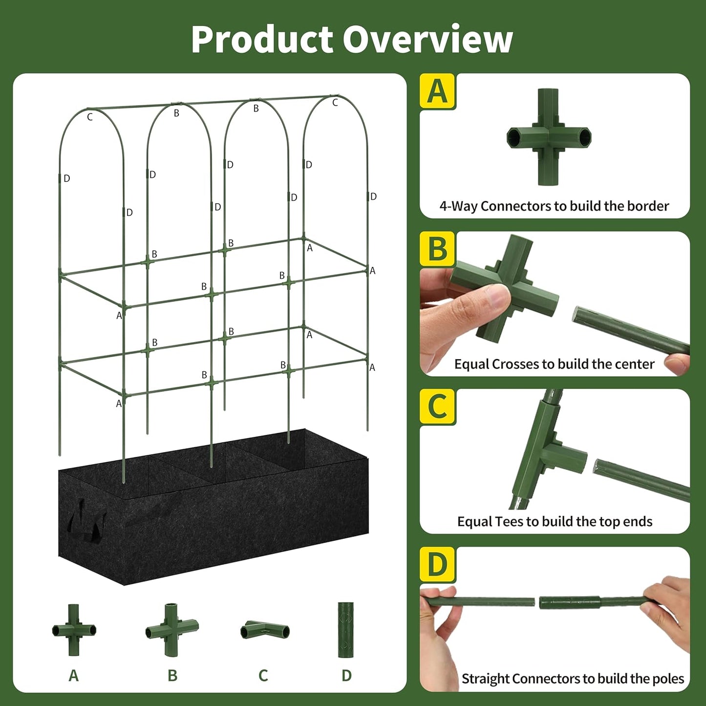 PASARA Cucumber Trellis with Grow Bag - Garden Trellis for Climbing Vegetables, 65 X 50 Inch Large Metal Trellis for Climbing Plants Outdoor, Including Twist Ties, Clips, Ties, Nylon Garden Lattice