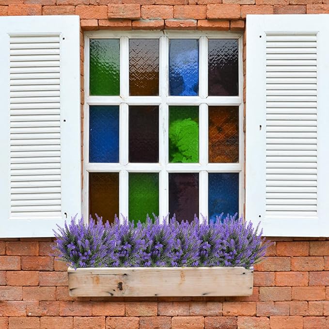 Ouddy Decor 12 Bundles Artificial Lavender Fake Flowers Faux Plastic Plants for Home Wedding Kitchen Garden Patio Window Box Office Table Centerpieces Indoor Outdoor Decor, Purple