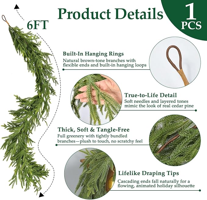 1 PCS 6 FT Artificial Norfolk Pine Garland, Real Touch Christmas Garland, Faux Winter Pine Garland for Fireplace Mantle Table Wall Stair Indoor Outdoor Xmas Holiday Christmas Decorations