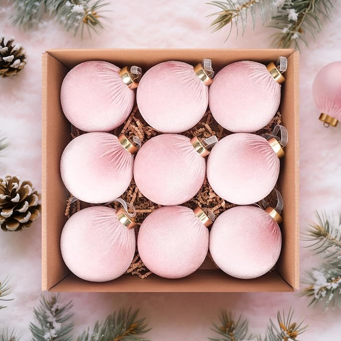 9 Pcs Pink Christmas Tree Ornaments Set, 80mm/3.15in Large Velvet Christmas Balls for Xmas Tree Decorations Shatterproof Hanging Flocked Balls Ornaments Baby Pink