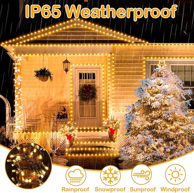 Decute 300LED Christmas String Lights Outdoor Waterproof 105FT UL Certified with End-to-End Plug 8 Modes, Warm White Indoor Starry Fairy Lights for Christmas Tree Patio Garden Wedding Party Decor