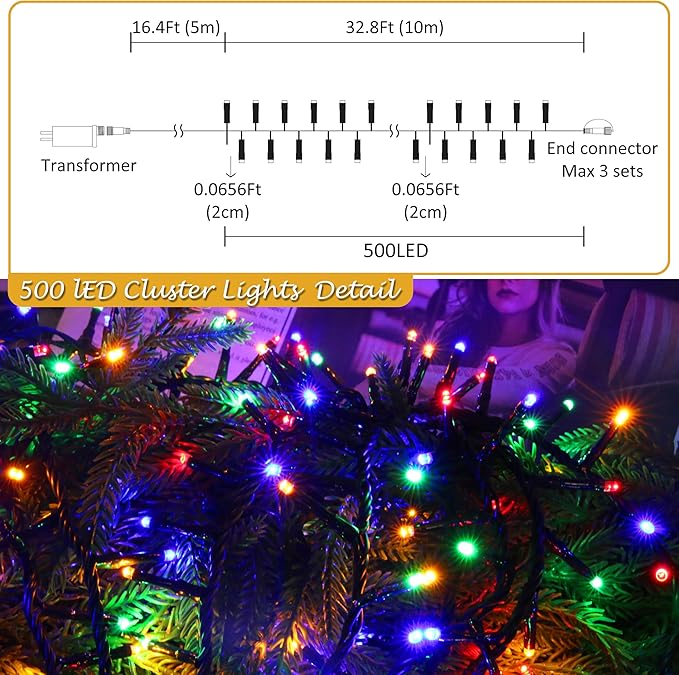 AWQ 500 LED 49 FT Christmas Cluster Lights, Multi & Warm String Lights Plug in with 11 Modes, Timer & Memory Function Extendable for Indoor Outdoor Wedding Party Christmas Decoration (500)