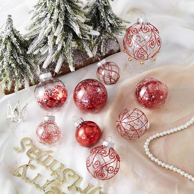 Wironlst Christmas Ball Ornaments Shatterproof Clear Large Plastic Hanging Ball Decorative Baubles Set with Stuffed Delicate Decorations (Multi-Size, Red)