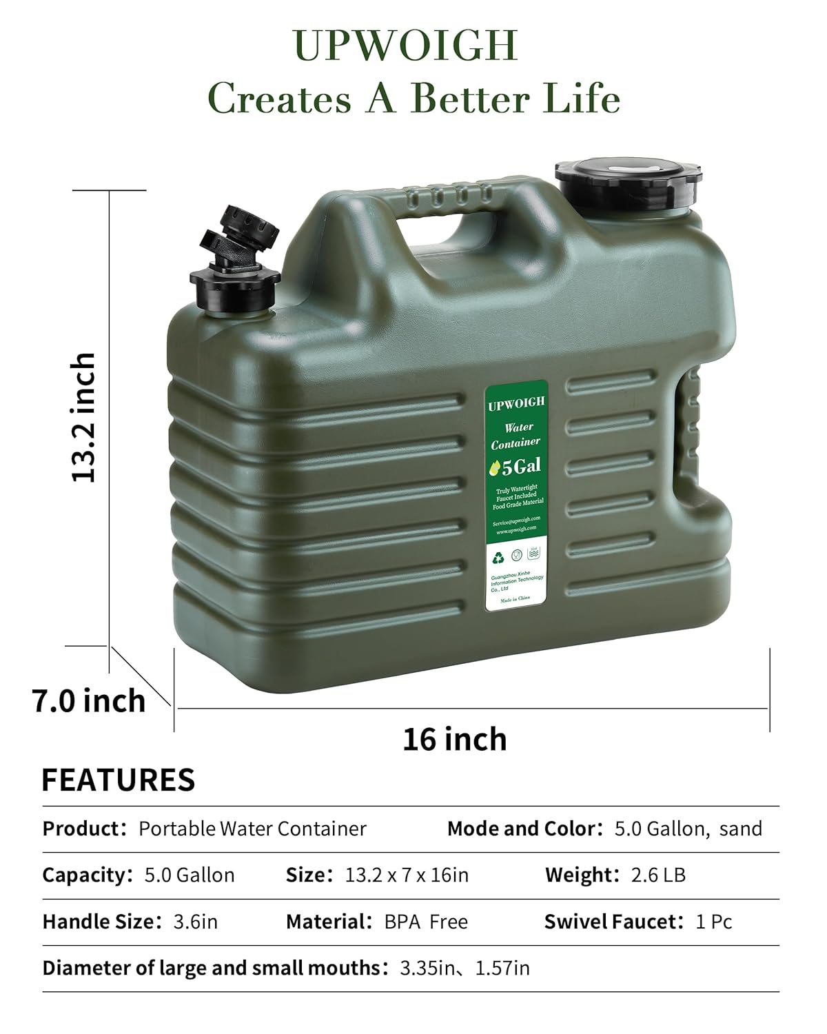 UPWOIGH 5 Gallon Water Jug, Camping Water Container, Truly No Leakage Water Storage with Spigot, Large Military Green Water Tank,BPA Free Portable Overlanding Gear for Outdoors,Hiking